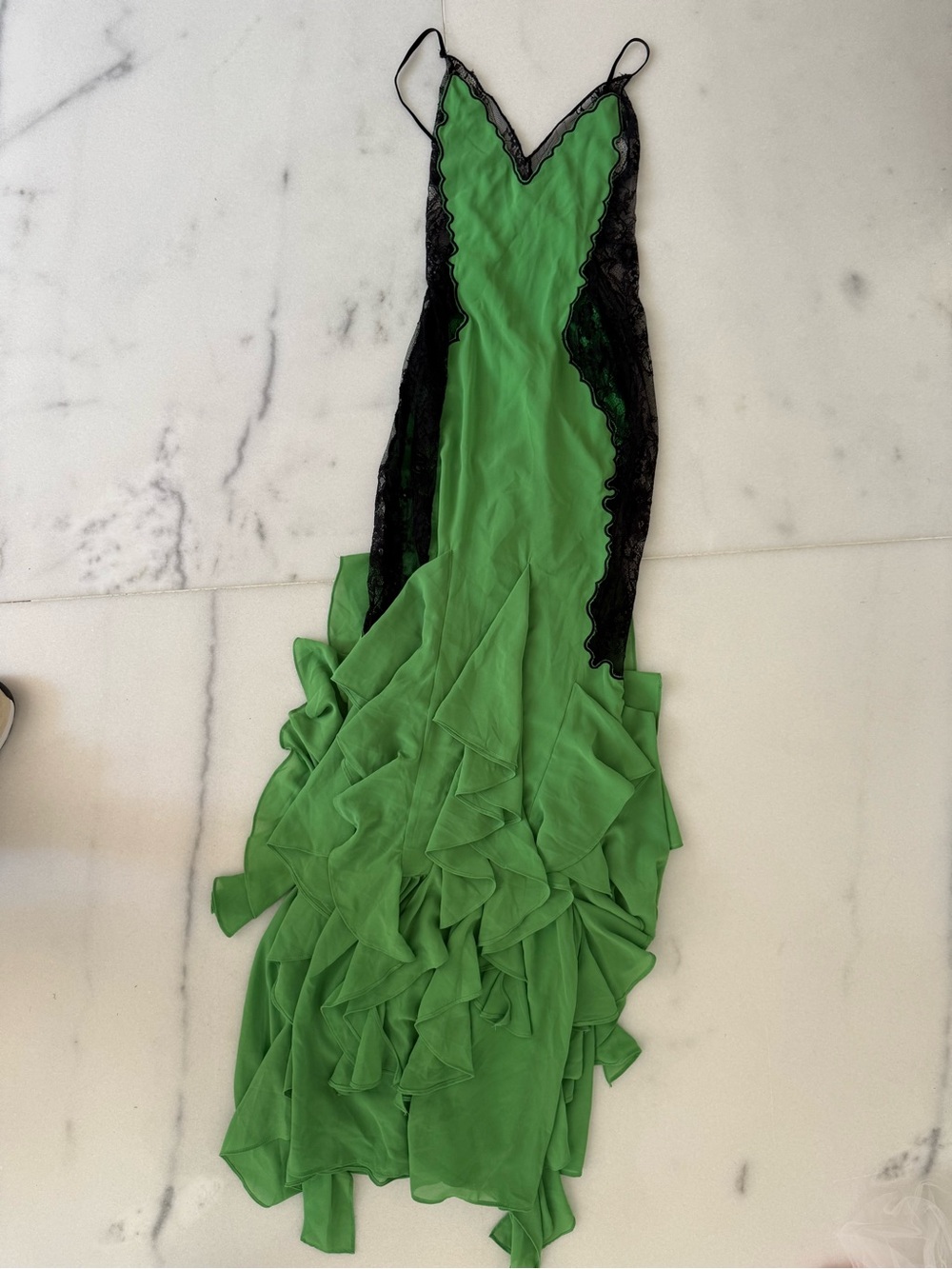 NBD Green Ruffled Slip Dress with Black Lace Trim